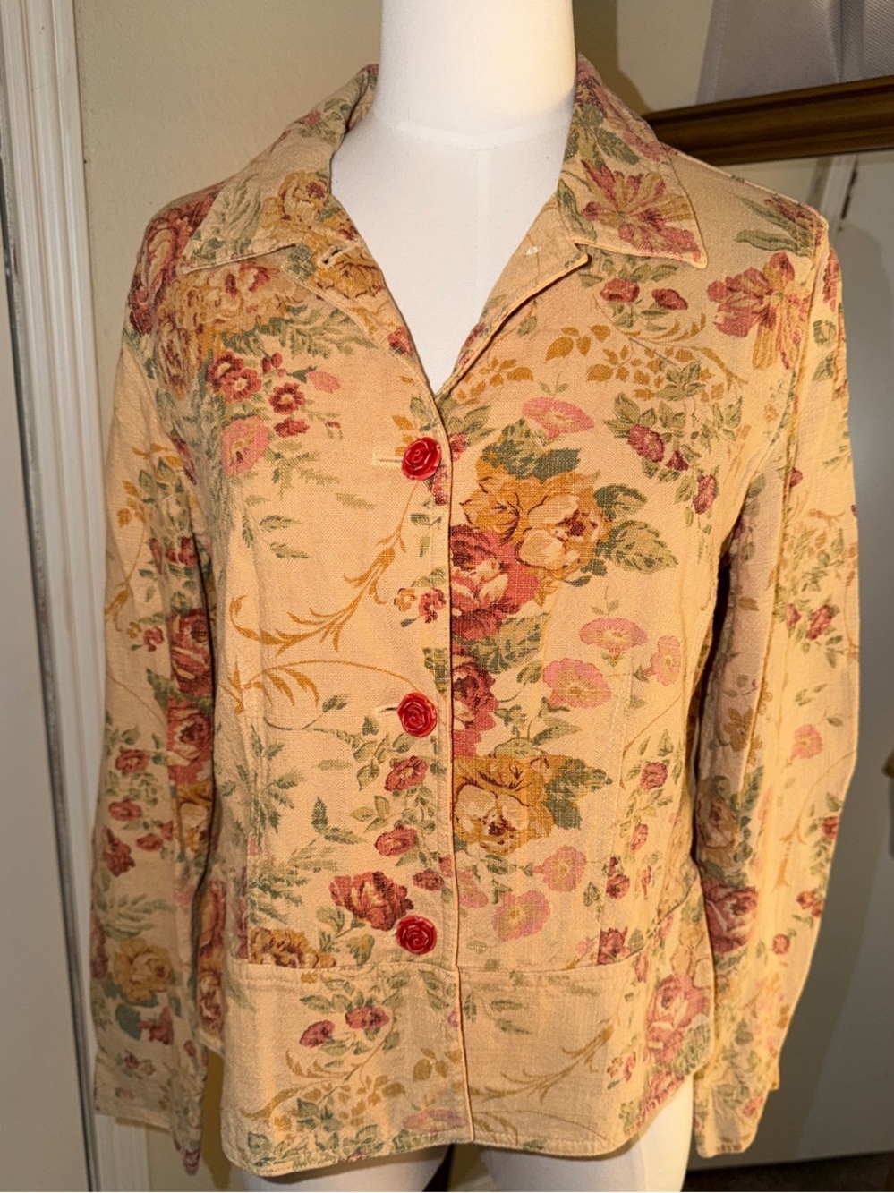 Coldwater Creek Beige Floral Button-Front Lightweight Jacket with Floral Buttons